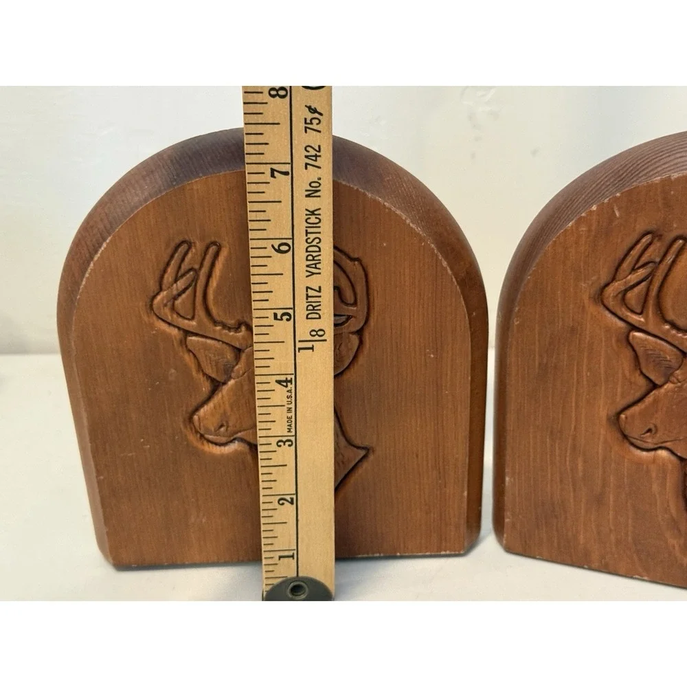 Vintage Pair of Bookends Engraved Wood Deer Stag Head Bookends‎ Rustic Decor